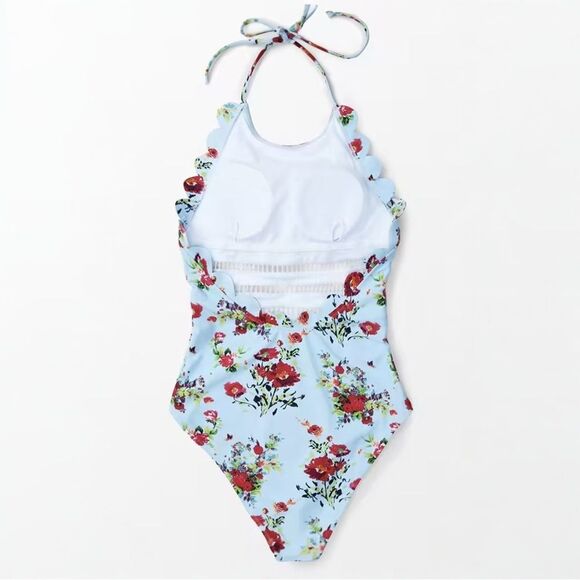 NWT Cupshe Light Blue And Red Floral Halter One-Piece Swimsuit Size Medium New - Picture 3 of 16